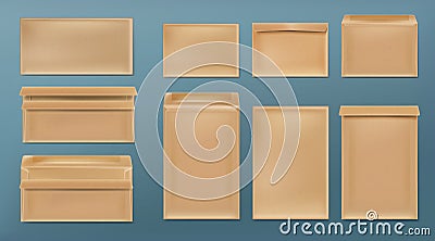 Kraft envelopes blank brown covers template set Vector Illustration