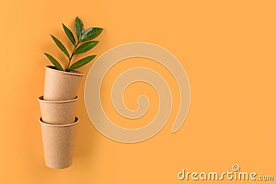 Kraft paper coffee cups with green leaves inside - biodegradable, compostable paper utensils for hot beverages Stock Photo