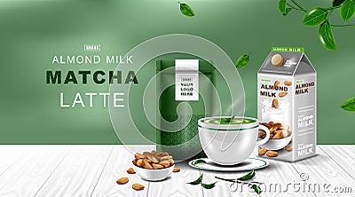 Kraft paper foil zip lock bag food stand up pouch with Green tea latte cup and almond milk. Mockup template for logo. Vector Illustration