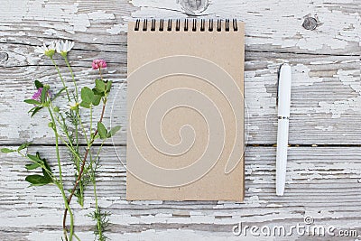 Kraft paper spiral notebook, white pen and summer flowers on rustic wooden background. Mock-up Stock Photo