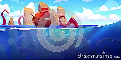 Kraken, giant octopus attacks ship in sea Vector Illustration