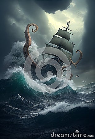 The kraken attacks the ship during a storm. AI Generated Stock Photo