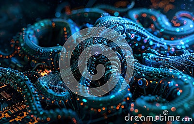 A Kraken encircled by quantum computer circuits illustrating the multifaceted nature of quantum computing and mythical Stock Photo