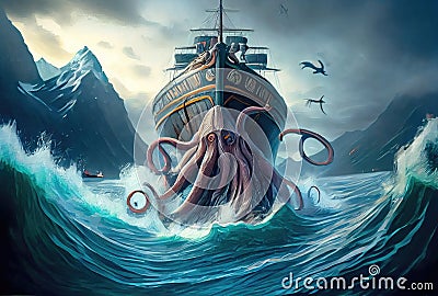 Kraken the giant octopus under the deep sea attacking and sinking the ship background. Digital art illustration. Mythical fantasy Cartoon Illustration