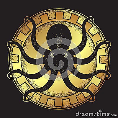 Kraken on shield hand drawn black and gold line art and dot work isolated vetor illustration Vector Illustration