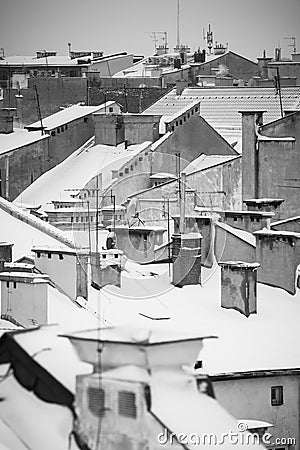 Krakow in Christmas time, aerial view on snowy roofs in central part of city. BW photo. Poland. Europe Stock Photo