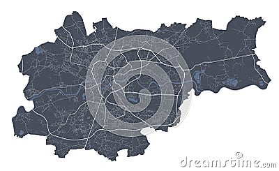 Krakow map. Detailed map of Krakow city poster with streets. Dark vector Vector Illustration