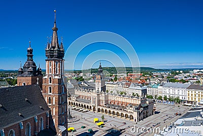 Krakow Old Town Aerial View. Main Market Square Rynek, old cloth hall Sukiennice, St. Mary`s Basilica Bazylika Mariacka. Stock Photo