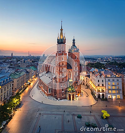 Aerial view of St. Mary`s Basilica in Krakow, Poland Stock Photo