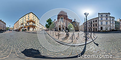 KRAKOW, POLAND - AUGUST 2022: full 360 hdri panorama on main market square in center of old town with historical buildings, Editorial Stock Photo