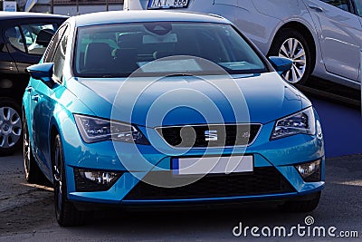 Krakow, Poland 03.15.2020: Blue seat Leon FR in the Parking lot of the Commission car center among other cars . Sale of Commission Editorial Stock Photo