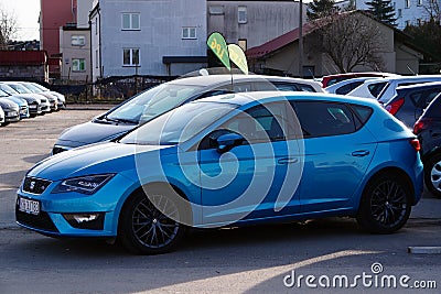 Krakow, Poland 03.15.2020: Blue seat Leon FR in the Parking lot of the Commission car center among other cars . Sale of Commission Editorial Stock Photo