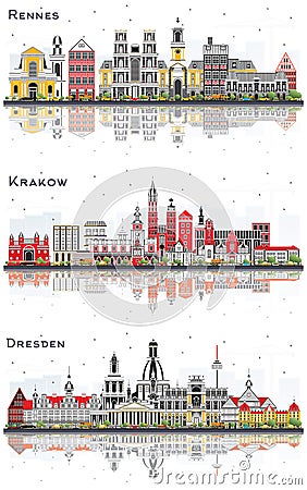 Krakow Poland, Dresden Germany and Rennes France City Skyline Set Stock Photo