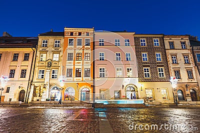 Night view of a small market in Krakow, Poland. Old town of Cracow listed as unesco heritage sit Editorial Stock Photo