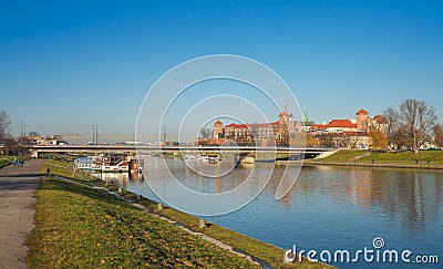 Krakow, POLAND - JANUARY 3, 2018: The view of Wawel castle in Krakow city with reflection in the water Editorial Stock Photo