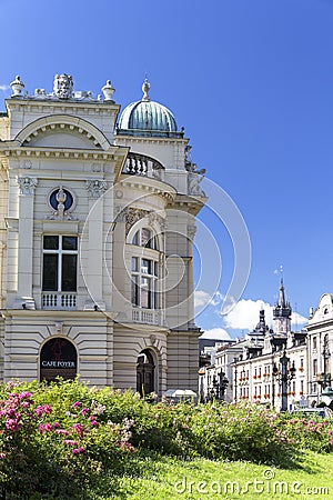 Juliusz Slowacki Theatre, 19th century eclectic building, details of facade, Krakow, Poland. Editorial Stock Photo