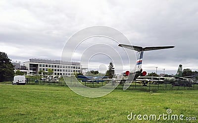 Krakow, POLAND: Wide angle view of MUSEUM OF Aviation with bunch of aircraft on exhibition in outdoor showcasing Editorial Stock Photo