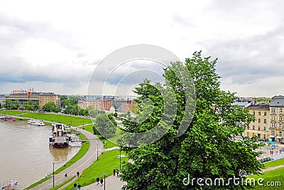 Krakow, Poland, 24 May 2019 - Picturesque landscape on coast river Wisla with boats Editorial Stock Photo