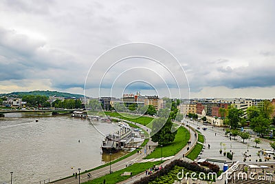 Krakow, Poland, 24 May 2019 - Picturesque landscape on coast river Wisla with boats Editorial Stock Photo