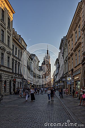 KrakÃ³w/Poland - 10 September 2021: View towards Saint Maryâ€™s Basilica from Florianska Street Editorial Stock Photo