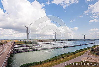Krammer wind farm and western entrance to the Krammer lock complex Stock Photo