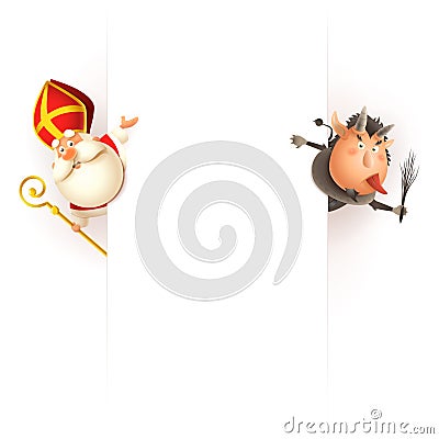 Krampus on right side and Saint Nicholas od left side of board celebrate holiday - vector illustration isolated on white Vector Illustration