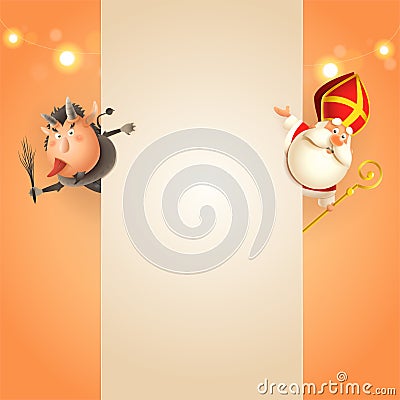 Krampus on left side and Saint Nicholas on right side of board - happy cute characters celebrate holidays - poster template Vector Illustration