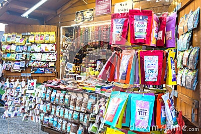 Krasnaya Polyana, Sochi, Russia - September 10, 2020: a varied mix of Russian teas with humorous names and other souvenirs for Editorial Stock Photo