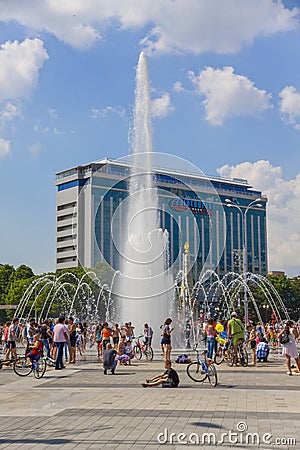 Krasnodar, fun people relax, city fountain, hotel Imtourist Editorial Stock Photo