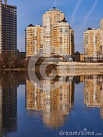 JK Evropeyskiy - Kozhevennaya 24. Wonderful view of the complex from the Kuban River in the winter in the golden hours, the houses Editorial Stock Photo