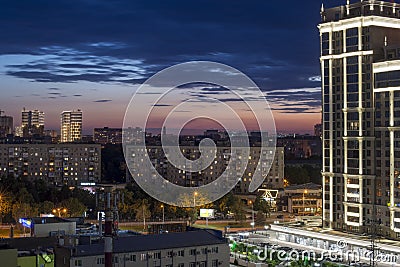 Krasnodar, Russia - June 29, 2019: beautiful facade of the building against the night sky with sunset.View of the street Turgenev Editorial Stock Photo