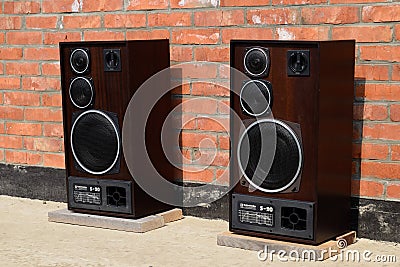 Acoustic system Radiotehnica S90, 35 s-012. Soviet vintage audio equipment. Musical columns made of plywood and veneer of valuable Editorial Stock Photo