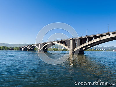 Krasnoyarsk city. Communal bridge over the Yenisei River Stock Photo