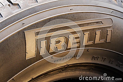 Krasnoyarsk 15 December 2019: Pirelli - logo close-up on the sidewall of the tire Editorial Stock Photo
