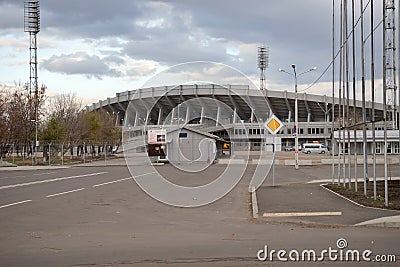 Road leads to the stadium Yenisei, Winter Universiade 2019 venue, on the Island of Rest in Krasnoyarsk city. Editorial Stock Photo
