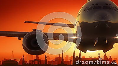 Krasnoyarsk Russia Airplane Take Off Skyline Golden Background Stock Photo