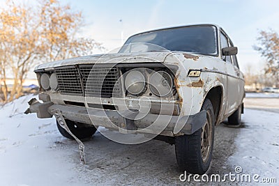 Krasnoyarsk, Russia, August 10, 2019: Russian retro Lada 2106 car on the street abandoned or stolen. Editorial Stock Photo