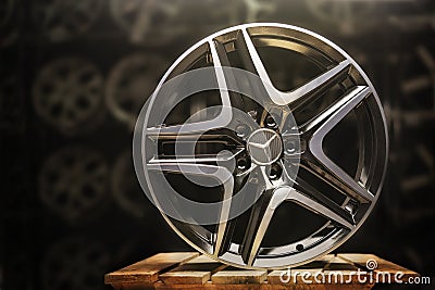 Krasnoyarsk, Russia, February 20, 2020: alloy wheels black original Mercedes Benz new, with a three-beam star. the Editorial Stock Photo