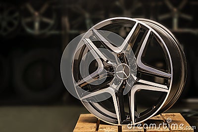 Krasnoyarsk, Russia, February 20, 2020: alloy wheels black original Mercedes Benz new, with a three-beam star. the Editorial Stock Photo