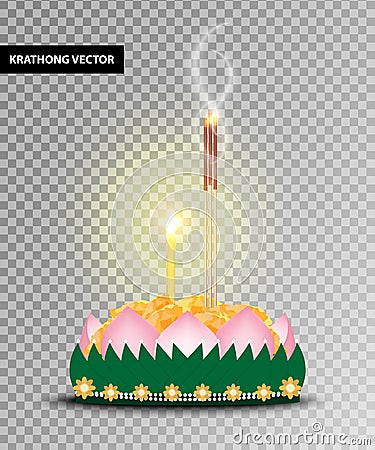 Krathong vector. Krathong-made from banana leaf and lotus petals decorated with yellow flower, incense, and candle. Vector Illustration