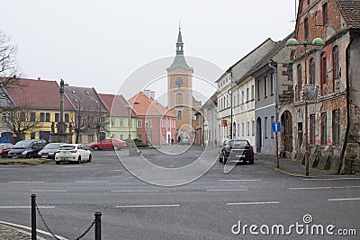 Kravare, Czechia - March 06, 2023: little square with Church Editorial Stock Photo