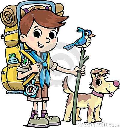 Boy scout with backpack and dog Stock Photo