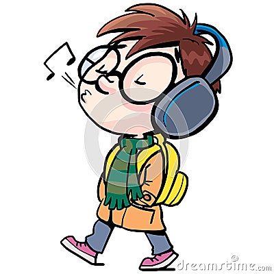 Boy goes to school with headphones and whistles Vector Illustration