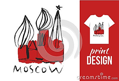 Kremlin hand drawn illustration with text moscow. Vector illustration for t-shirt on other used. Vector Illustration