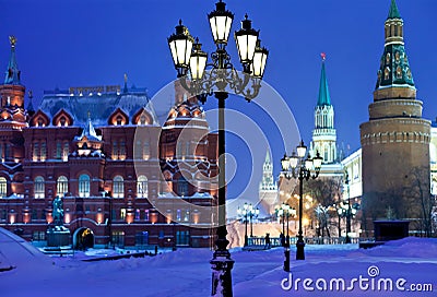 Kremlin towers in winter snowing night Stock Photo