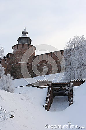 Kremlin wall and Tower Chasovaya at Nizhny Novgorod in winter. R Stock Photo