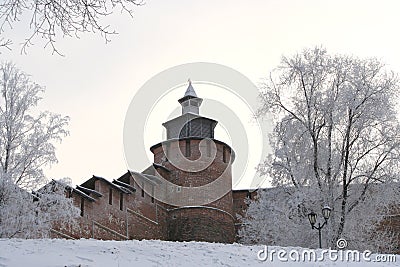 Kremlin wall and Tower Chasovaya at Nizhny Novgorod in winter. R Stock Photo