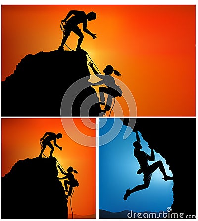 Hikers climbing up mountain. Silhouette of helping hand between two climber. couple hiking help each other Vector Illustration