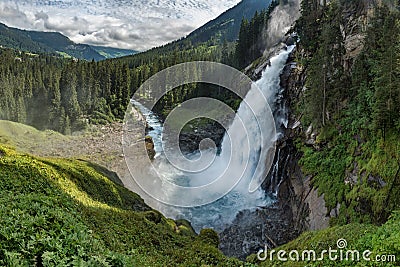 Krimml Waterfalls with Tourists, Highest Waterfall in Austria Stock Photo