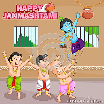 Krishna breaking dahi handi in Janmashtami Vector Illustration